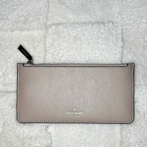 NWOT KATE SPADE Thin Wallet Card Case Gray Tan Leather Minimal Quiet Luxury Norm